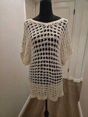 Blush Cream Crocheted Open-Knit Tunic Or Beach Cover Up